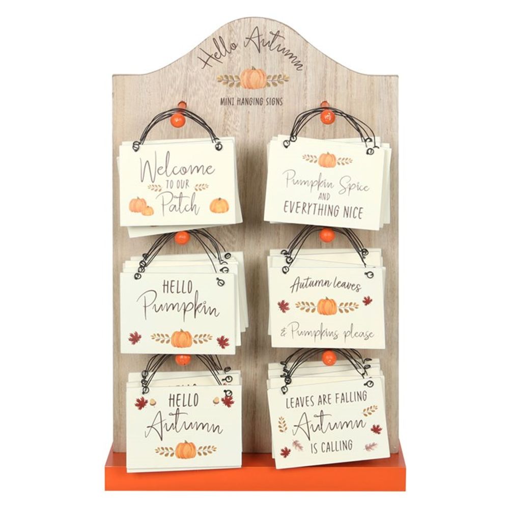 Set of 30 Hello Autumn Mini Hanging Signs on a Display